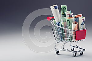 Shopping trolley full of euro money - banknotes - currency. Symbolic example of spending money in shops, or advantageous purchase photo