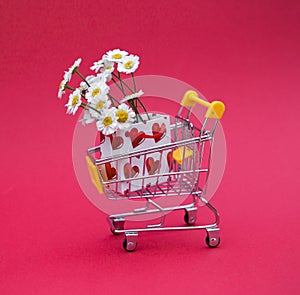 Shopping trolley, gift bag, chamomile flowers on pink background