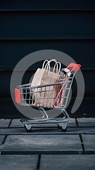 Shopping trolley icon on smartphone, online shopping concept