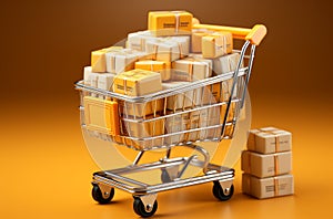 shopping trolley with many boxes on yellow background, online shopping or e-commerce concept, black Friday, sale