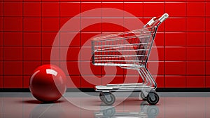 shopping trolley on red background, online shopping or e-commerce concept, black Friday, sale