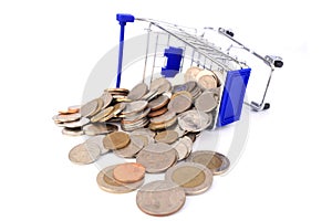 Shopping trolley or Shopping cart full of coins money isolated o