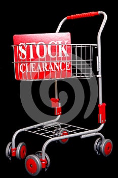 Shopping trolley with stock clearance sign