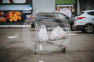 Shopping trolley in the super market in the parking lot