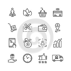 Shopping vector line icon cart basket web pictogram. Supermarket store bag web online ecommerce icon set