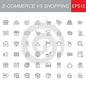 SHOPPING vs E-COMMERCE line thin icons set. Vector illustrations collection EPS10.