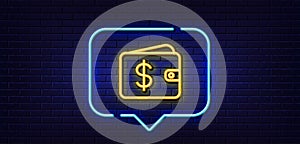 Shopping Wallet line icon. Dollar sign. Neon light speech bubble. Vector