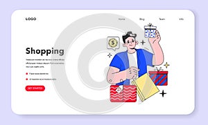 Shopping web banner or landing page. Character shopping for upcoming photo