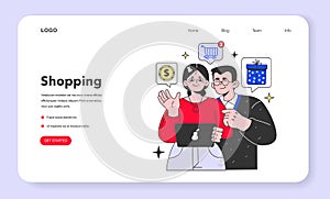Shopping web banner or landing page. Parents shopping online at home photo