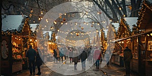 shopping, winter holidays and people concept - Christmas market souvenir shop on town hall square.