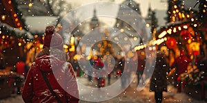 shopping, winter holidays and people concept - Christmas market souvenir shop on town hall square.