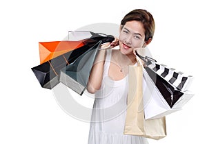 Shopping woman asian happy smiling holding shopping bags isolated on white background