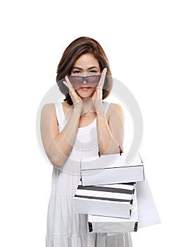 Shopping woman asian happy smiling holding shopping bags isolated on white background