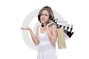 Shopping woman asian happy smiling holding shopping bags isolated on white background