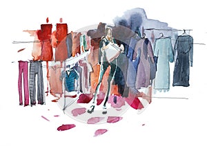 Shopping woman in clothing store Watercolor illustration