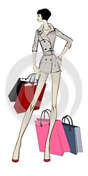 Shopping woman in grey trench with packages