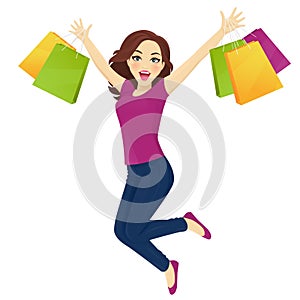 Shopping woman in jeans surprised
