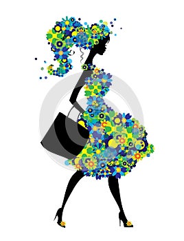 Shopping woman silhouette with green and blue flowers dress isolated