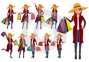 Shopping woman vector characters set. Girl shopper cartoon character