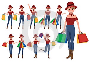 Shopping woman vector characters set. Girl store customer cartoon character