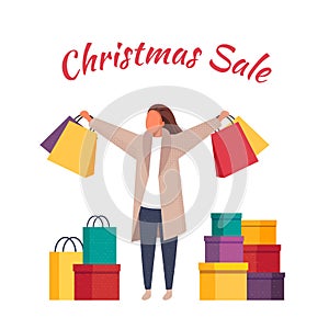 Shopping women with bags. Christmas sale vector illustration
