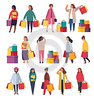 Shopping women with bags. Vector sale illustration