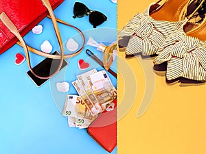 shopping  women clothes shop summer sandals on heels phone sunglass red wallet with euro money finance  buy on coral pink photo