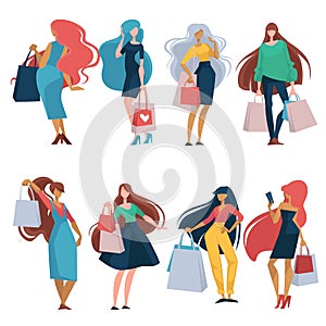 Shopping women walking with purchased items in bags