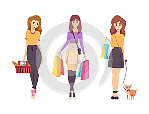 Shopping Young Females Bags Isolated Set Vector