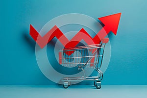 Shoppingcart red arrow symbolizes retail growth, rising prices