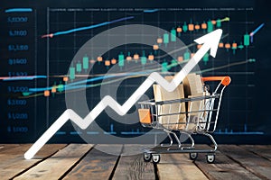 Shoppingcart upward arrow and stock charts, financial growth