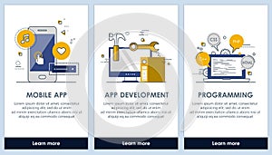 Flat design application development and programming app screens. Modern user interface UX, UI screen template for mobile or web