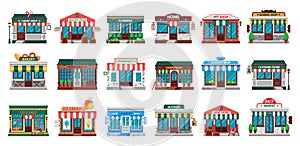 Shops facades. Laundry building, hardware store facade and pharmacy shop flat vector set
