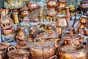 Shops of Persian copper hardware in the bazaar,  in the Naqsh-e Jahan Square square, situated at the center of Isfahan, Iran