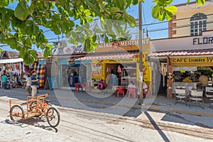 Shops and restaurants on the main street of Tulum, Quintana Roo, Mexico