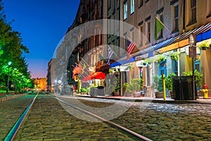 Shops and restaurants at River Street in downtown Savannah in Ge