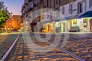 Shops and restaurants at River Street in downtown Savannah in Ge