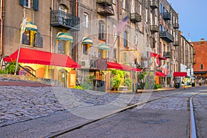 Shops and restaurants at River Street in downtown Savannah in Ge photo