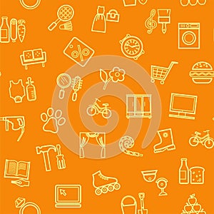 Shops, seamless pattern, color, linear, orange, vector