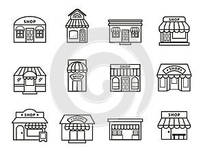 Shops and stores building icons set. photo