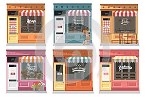Shops and stores facade icons set in flat design style.