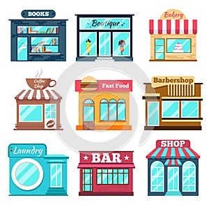 Shops and stores icons set in flat design style