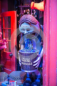 Shops windows display with magic objects in Diagon Alley from Harry Potter film. Warner Brothers Studio. UK