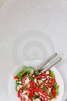 Shopska salad in a white plate on a white tablecloth. The concept of minimalism