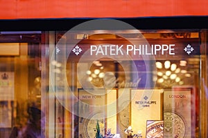 Shopwindow of Patek Philippe boutique on upscale shopping street