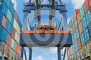 Shore crane lifts container during cargo operation in port