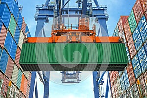 Shore crane loading containers in freight ship photo