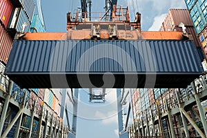 Shore crane loading export containers in freight ship use for import export and logistics background.