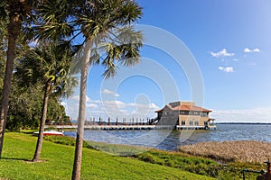 Shore with the famous Pavilion at lake Dora in background, Tavares, Florida, USA photo