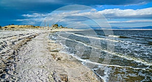 The shore of a hyperhaline lake covered with self-precipitating salt Sodium chloride, California